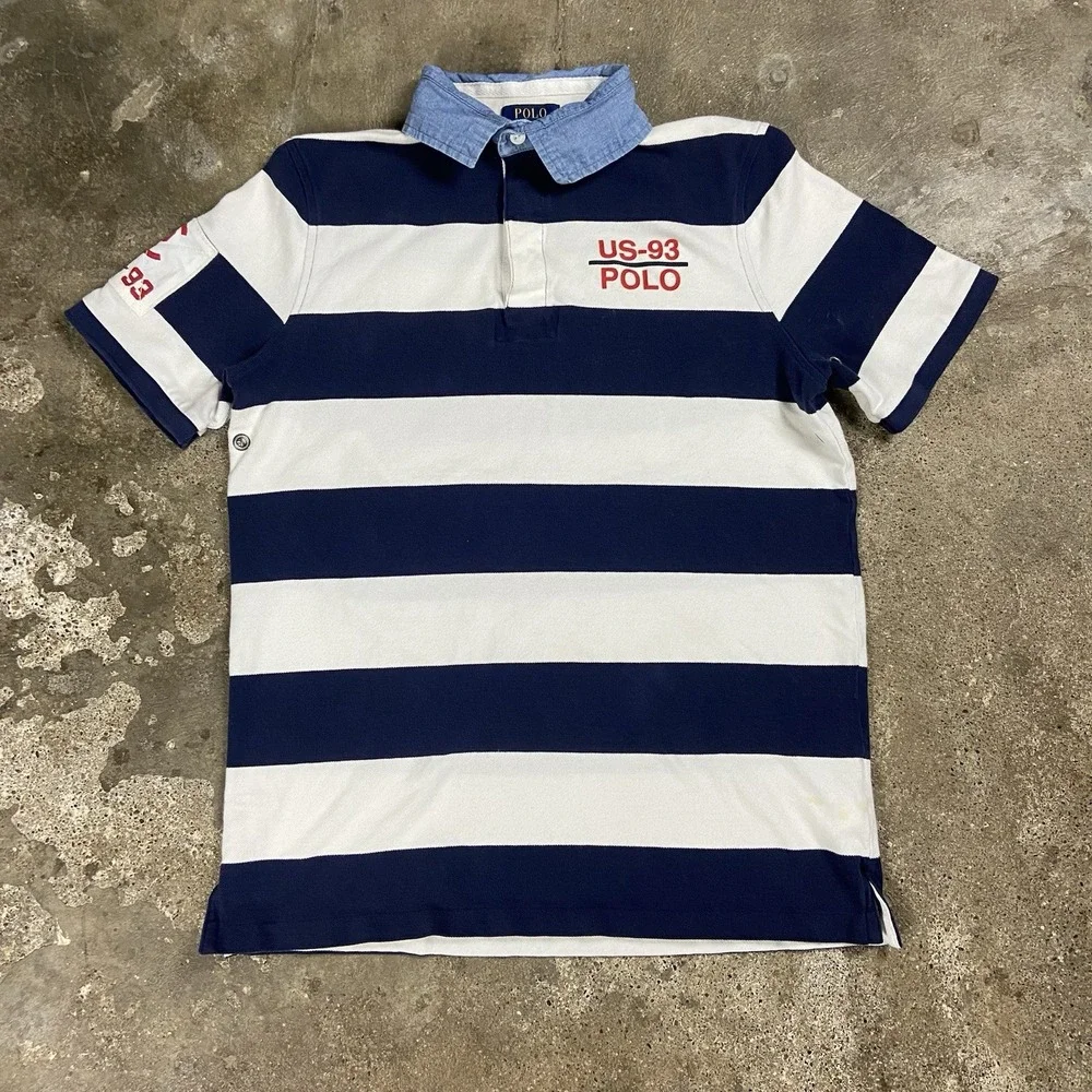 Polo Ralph Lauren Polo Shirt Size Medium Navy Blue Striped Classic Fit US-93